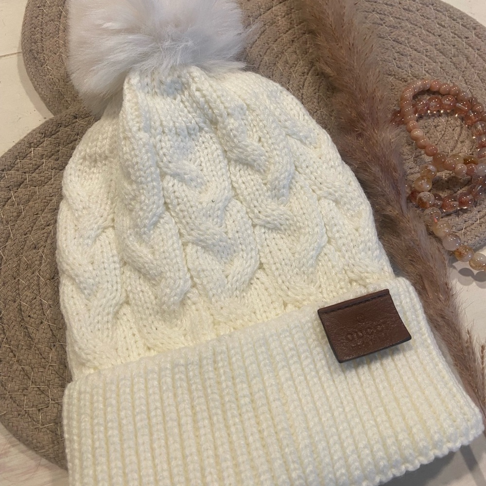 Authentic Gucci Label Cozy White Knit Beanie up-cycled with adorable Pom Pom